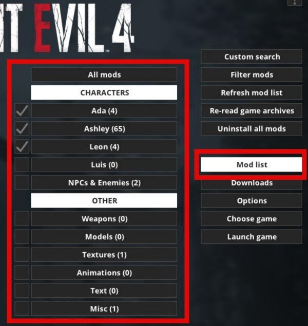 Carpeta de mods de Resident Evil 4 Remake en Fluffy Mod Manager